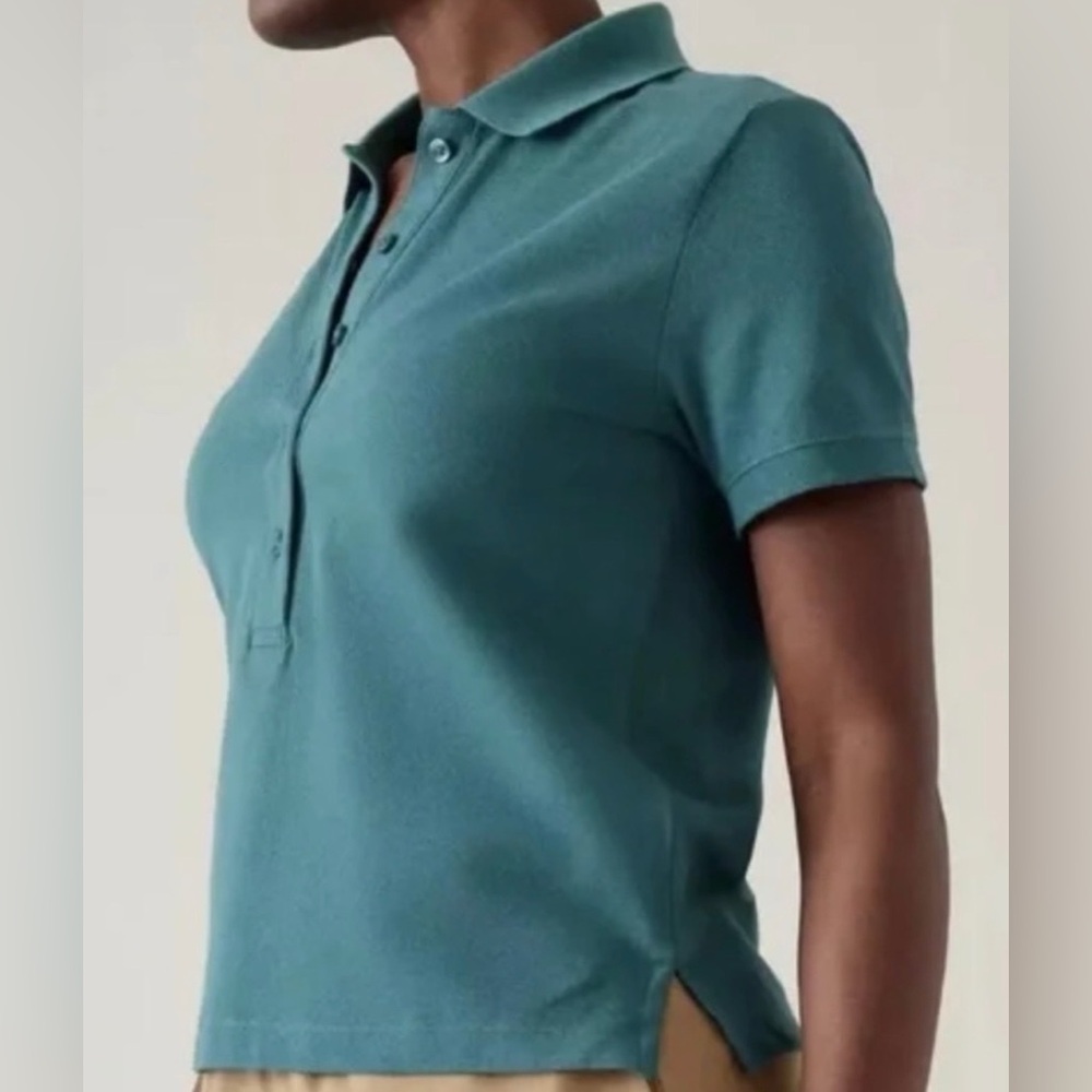 NWT Athleta Classic Pique Short Sleeves Polo Shirt Top w. Buttons - Teal - Sz XL - Picture 3 of 11